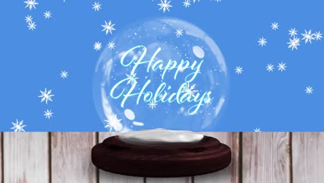 Animation-of-christmas-greetings-in-snow-globe-on-wooden-boards-and-snow-falling