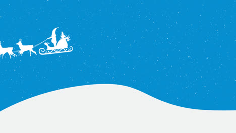 Animation-of-santa-claus-in-sleigh-with-reindeer-moving-over-snow-falling-on-blue-background