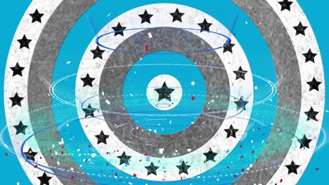 Digitale-Animation-Runder-Scanner-über-Mehreren-Sternen-Auf-Rotierenden-Kreisen-Auf-Blauem-Hintergrund
