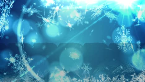 Animation-Von-Weihnachtsschnee,-Der-über-Weihnachtskugeldekorationen-Auf-Blauem-Hintergrund-Fällt
