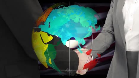 Animation-Des-Globus-über-Dem-Händedruck-Einer-Geschäftsfrau