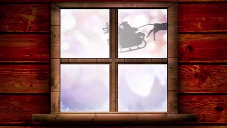Animation-Des-Weihnachtsmanns-Im-Schlitten-Mit-Rentieren-In-Einer-Winterlandschaft,-Gesehen-Durch-Das-Fenster