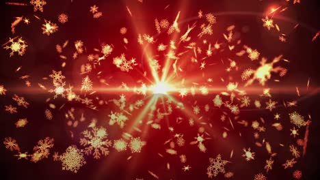 Animation-of-christmas-snow-falling-over-christmas-decorations-on-red-background