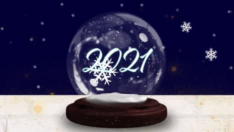 Animation-of-2021-in-snow-globe-on-wooden-boards,-shooting-star-and-snow-falling