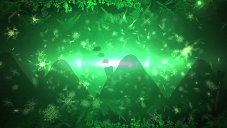 Animation-Von-Weihnachtsschnee,-Der-über-Weihnachtskugeldekorationen-Auf-Grünem-Hintergrund-Fällt
