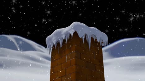 Animation-of-snow-falling-over-chimney-covered-in-snow-and-winter-landscape-background