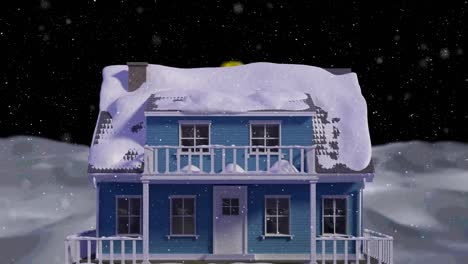 Animación-De-Nieve-Cayendo-Sobre-Una-Casa-Cubierta-De-Nieve-Y-Fondo-De-Paisaje-Invernal