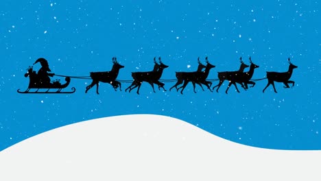 Animación-De-Santa-Claus-En-Trineo-Con-Renos-Moviéndose-Sobre-La-Nieve-Cayendo-Sobre-Fondo-Azul