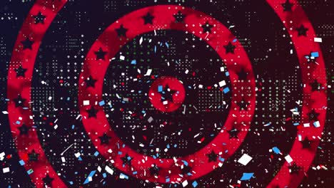 Dot-pattern-design-and-confetti-falling-over-multiple-stars-on-spinning-circles-on-black-background