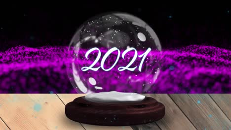 Animation-of-2021-in-snow-globe-on-wooden-boards,-shooting-star-and-purple-mesh