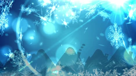 Animation-of-christmas-snow-falling-over-christmas-decorations-on-blue-background