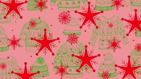 Animation-Des-Weihnachtspullovermusters-über-Fallenden-Sternen-Auf-Rosa-Hintergrund