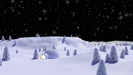 Animation-of-snow-falling-over-igloo,-fir-trees-covered-in-snow-and-winter-landscape-background