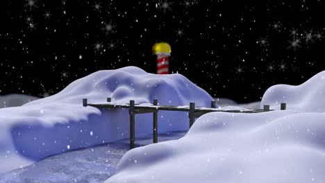 Animation-of-snow-falling-over-bridge-and-winter-landscape-background