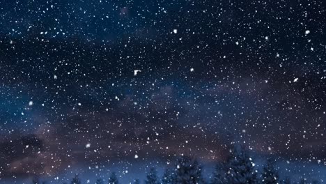Snow-falling-over-trees-on-winter-landscape-against-night-sky