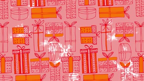 Animation-of-christmas-gifts-pattern-over-falling-snow-on-pink-background