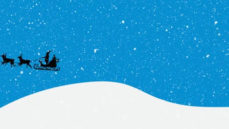 Animation-Des-Weihnachtsmanns-Im-Schlitten-Mit-Rentieren,-Der-Sich-über-Fallenden-Schnee-Auf-Blauem-Hintergrund-Bewegt