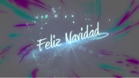 Animation-of-feliz-navidad-text-in-glowing-blue,-with-stars-and-pink-swirls-on-dark-background