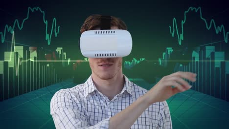Animation-of-businessman-wearing-vr-headset-over-financial-data-processing