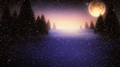 Animación-De-Nieve-Cayendo-Sobre-Abetos-Y-Luna-En-Un-Paisaje-Invernal