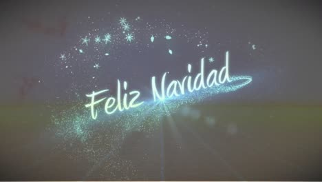 Animation-of-feliz-navidad-text-in-glowing-blue,-with-stars-and-stardust,-on-dark-background