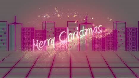 Digital-animation-of-merry-christmas-text-and-shining-stars-moving-against-3d-cityscape