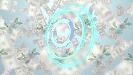 Animation-american-dollar-banknotes-falling-and-scope-scanning-on-floral-background