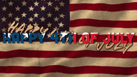 Digitale-Animation-Des-Designs-Der-Amerikanischen-Flagge-über-Dem-Text-„Fröhlicher-4.-Juli“-Vor-Der-Wehenden-Amerikanischen-Flagge