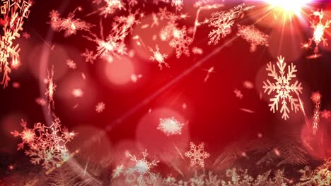 Animation-of-christmas-snow-falling-over-christmas-decorations-on-red-background