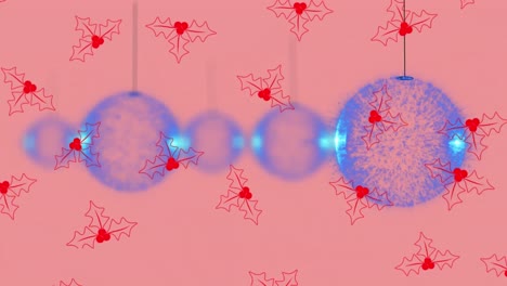 Animation-Von-Weihnachtskugeln-über-Heiligem-Muster-Auf-Rosa-Hintergrund