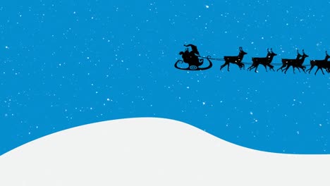 Animation-of-santa-claus-in-sleigh-with-reindeer-moving-over-snow-falling-on-blue-background