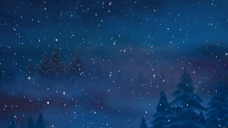 Animation-of-snow-falling-over-fir-trees-in-winter-scenery