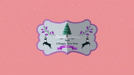 Animation-of-happy-christmas-text-over-snow-falling-on-pink-background