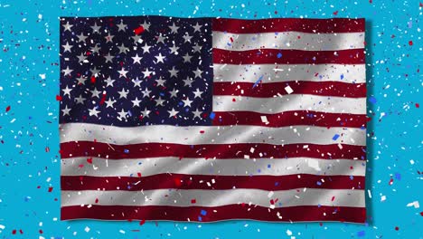 Animation-Von-Konfetti,-Das-über-Die-Amerikanische-Flagge-Auf-Blauem-Hintergrund-Fällt