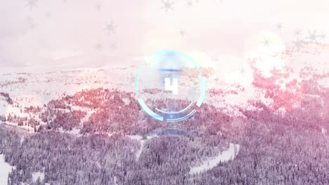 Animation-of-safe-lock-with-countdown-over-cold-winter-landscape