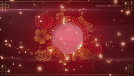 Animation-of-glowing-stars-falling-over-pink-circle-with-rotating-red-and-gold-ring-and-decoration