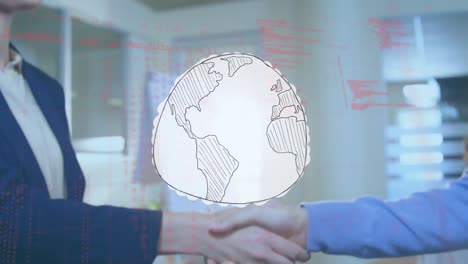 Animation-of-hand-drawn-globe-and-data-processing-over-businesswoman-and-colleague-shaking-hands