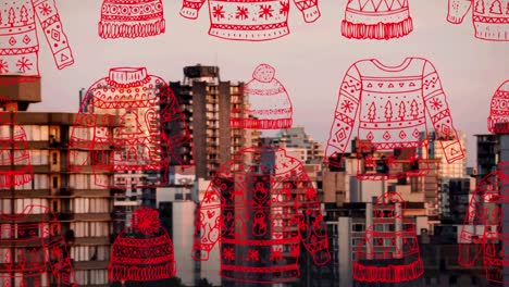 Animation-of-christmas-jumper-pattern-over-cityscape-in-background