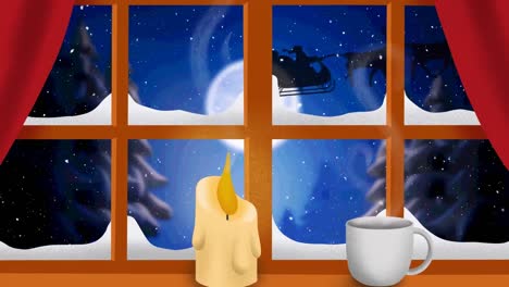 Animation-of-santa-claus-in-sleigh-with-reindeer-in-winter-scenery-seen-through-window