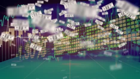 Animation-Von-US-Dollar-Banknoten,-Die-über-Die-Finanzdatenverarbeitung-Fallen