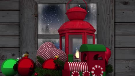 Animation-of-snow-falling-and-christmas-decorations-with-winter-scenery-seen-through-window