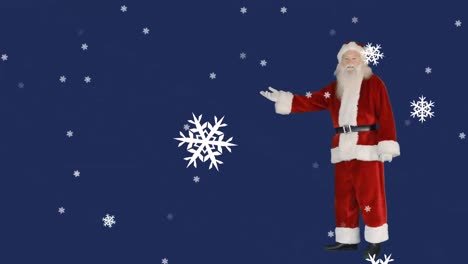 Animation-Des-Weihnachtsmanns,-Der-Gestikuliert,-Während-Schnee-Auf-Blauen-Hintergrund-Fällt