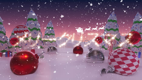 Animation-of-christmas-greetings-over-santa-claus-in-sleigh-with-reindeer-and-snow-falling