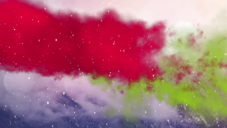 Animation-of-red-and-green-powder-over-winter-mountains-and-snow-falling