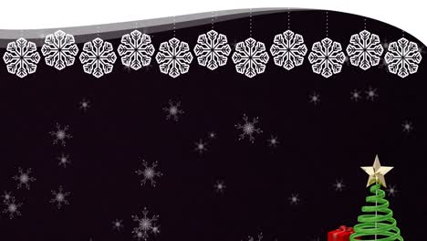 Animation-Von-Schneeflocken,-Die-über-Den-Weihnachtsbaum-Auf-Schwarzem-Hintergrund-Fallen