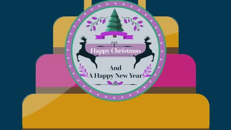 Animation-of-christmas-greetings-on-tag,-on-cake-on-navy-background
