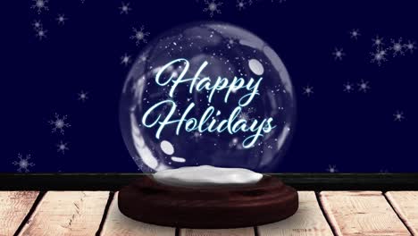 Animation-of-snow-globe-with-christmas-text-and-snow-falling-on-blue-background