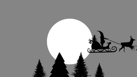 Animation-Des-Weihnachtsmanns-Im-Schlitten-Mit-Rentieren-über-Schnee,-Der-Auf-Grauen-Hintergrund-Fällt