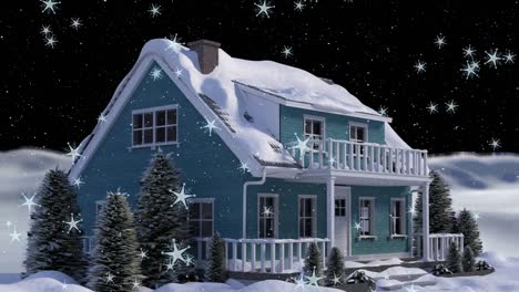 Animation-Von-Schnee,-Der-über-Das-Haus-In-Der-Winterlandschaft-Fällt