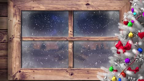 Animation-of-snow-falling-and-christmas-tree-with-winter-scenery-seen-through-window